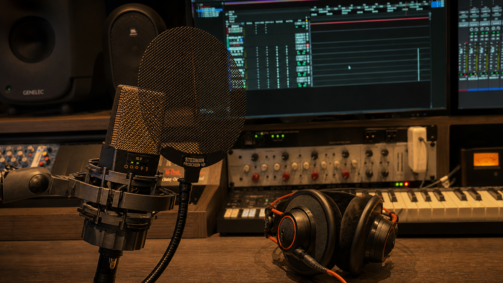 AKG C414 XLIIとポップフィルター、ヘッドホンを設置したナレーション収録・音声編集環境